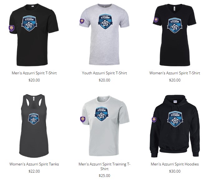 An image of 6 different apparel options, from left to right and top to bottom they are: Black men's t-shirt with Azzurri Storm logo in the center, $20, Gray Youth t-shirt with Azzurri Storm logo in the center, $20, black women's shirt with Azzurri Storm logo in the center, $20, Dark Gray Women's tank top with Azzurri Storm logo in the center, $22, Light gray men's athletic shirt with Azzurri Storm logo in the center, $25, Black hooded sweatshirt with Azzurri Storm logo in the center, $30