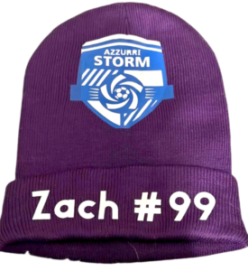 A purple beanie with the Azzurri Storm logo in the center at the top. On the rim it has an example name and number to support your favorite player.