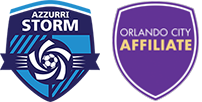 Azzurri Storm logo: a dark blue and light blue shield that says "Azzurri Storm" and has a soccer ball at the bottom in the middle of a pinwheel. Orlando City Affiliate logo: a bright purple shiled that says "Orlando Affiliate"